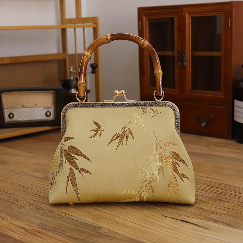 Ethnic Style Women Silk Bamboo Leaves Printing Handbag Messenger Dual Purpose Exquisite Elegant Doctor Bag