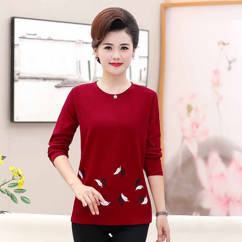 Mother Wear Round Neck Long-sleeved T-shirt Loose Print Shirt New Base Warm Small Shirt Thin Spring and Autumn Clothes
