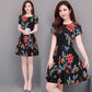 Brand Dress Round Neck Women Casual Flower Short Sleeve Skirt Sunmmer  Beach High Waist