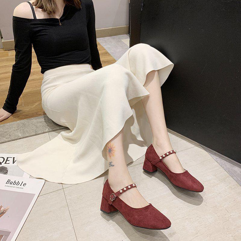 Square-toed Single Shoes Women's Wild Fashion Pumps Autumn Girl Thick-heeled French High Heels