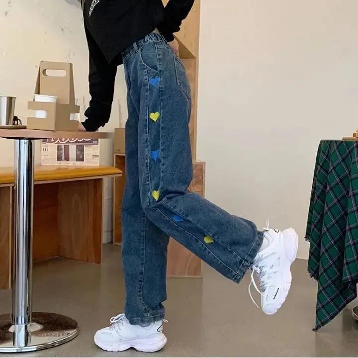 Love Embroidered Jeans Women's Straight Spring and Autumn High Waist Loose Korean Version Slim and Versatile Wide Leg Pants