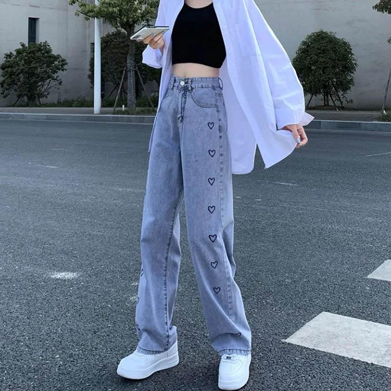 Love Embroidery Jeans Women's High Waist Slim Loose Wild Plug-in Flops Wide-leg Trousers