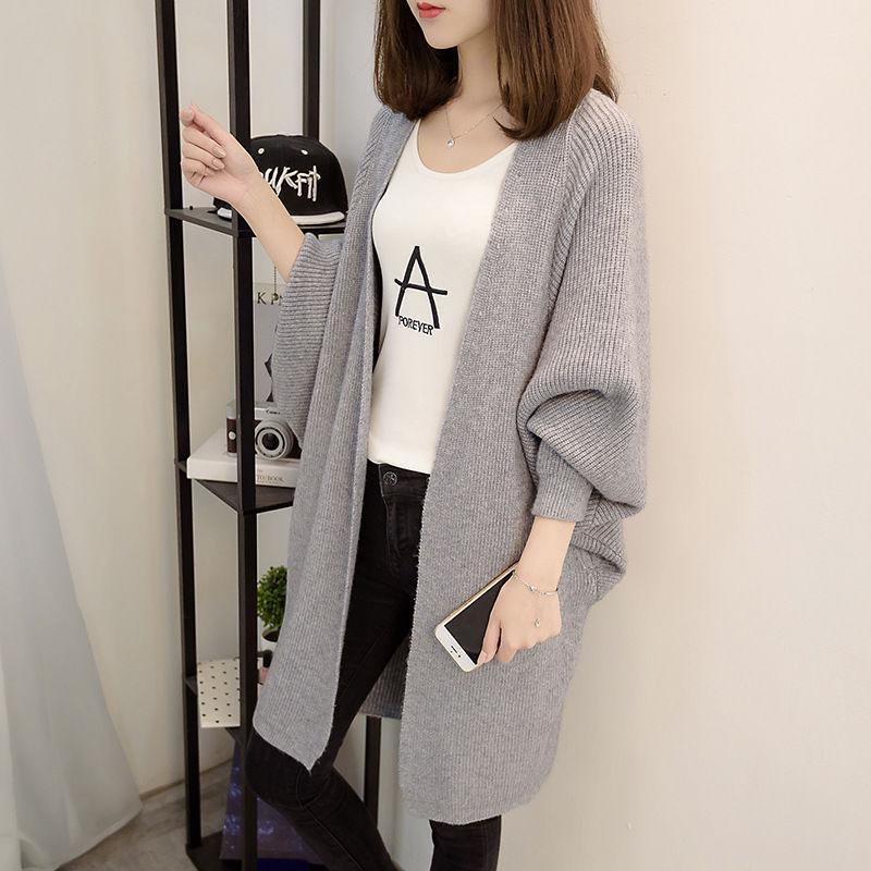 Simple Solid Color Mid-length Knitted Cardigan Jacket Spring and Autumn Women's Loose Bat Shirt with V-neck Top