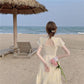 Female Simple Floral Print Elegant Slim Holiday Dress Vintage Short Backless A-line Vacation Beach Dress