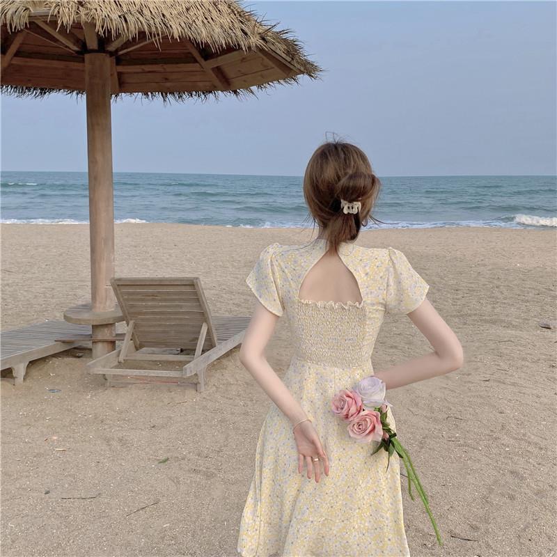 Female Simple Floral Print Elegant Slim Holiday Dress Vintage Short Backless A-line Vacation Beach Dress