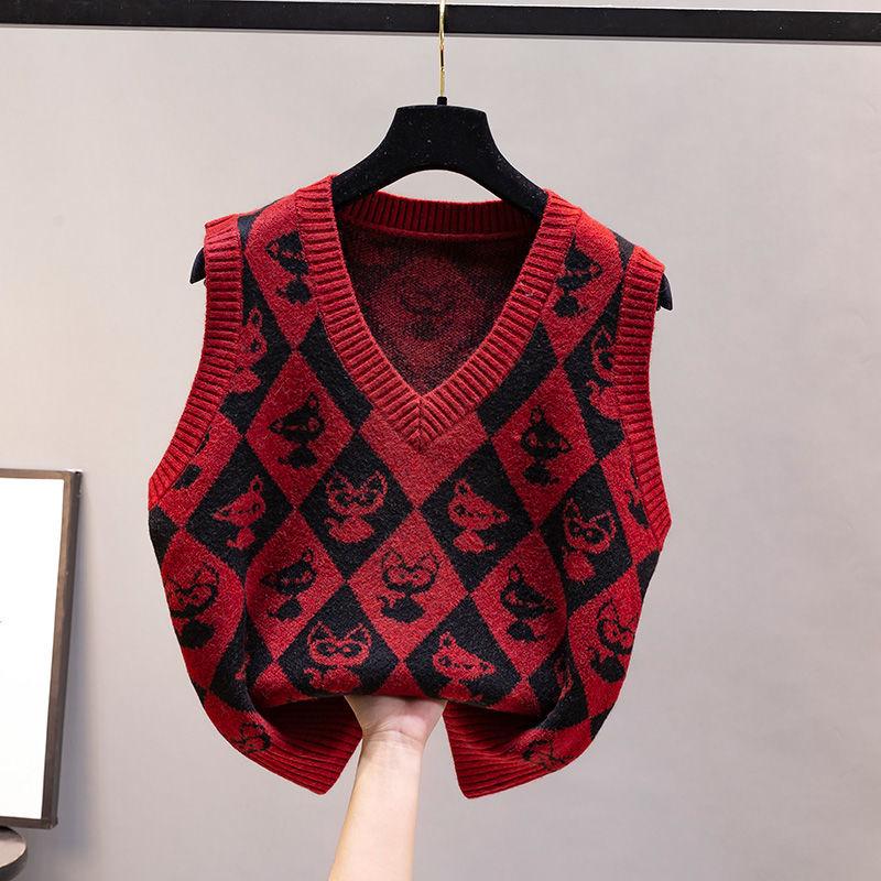 Autumn and Winter Diamond Plaid Retro Sweater Vest Knit Sweater Women's Vest Cartoon Loose V-neck Waistcoat Vest