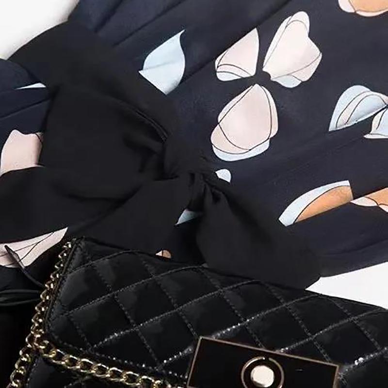 Dress  Women's Clothing Printed Long A-line Dress with Stand-up Collar and Short-sleeved Dress with Belt