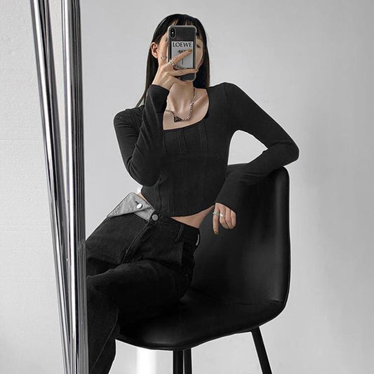 Long-sleeved T-shirt Women's Slim Bottoming Shirt with Short Tops In Spring and Autumn New Fashion