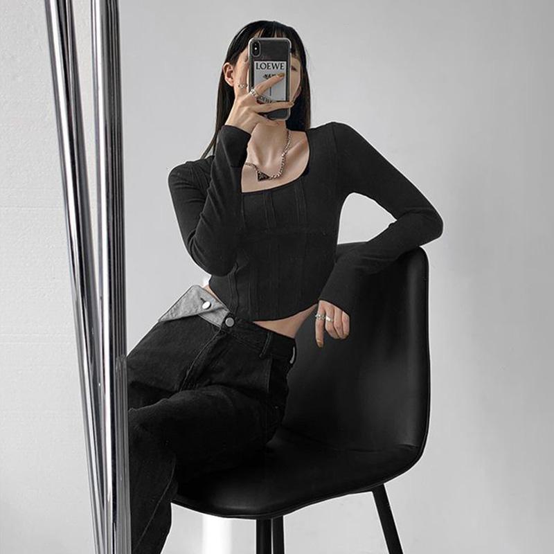 Long-sleeved T-shirt Women's Slim Bottoming Shirt with Short Tops In Spring and Autumn New Fashion