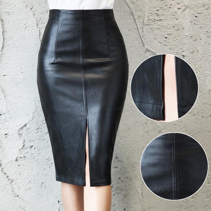 Women's Spring Summer A-line PU Skirt Female Large Size High Waist Casual Mid-length Black Split Skirt Office Ladies Slim Hip Skirt