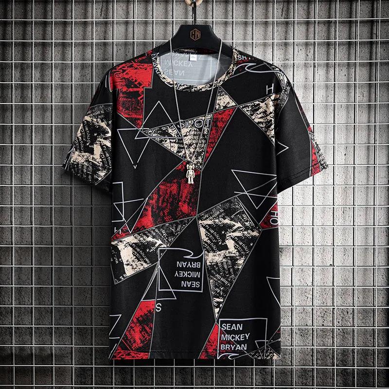 Summer Ice Silk T-shirts Oversized Geometric Graphic Print Tees Soft Breathable Cool Tops Men O-neck Short Sleeve Casual Shirts