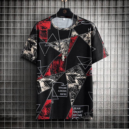 Summer Ice Silk T-shirts Oversized Geometric Graphic Print Tees Soft Breathable Cool Tops Men O-neck Short Sleeve Casual Shirts