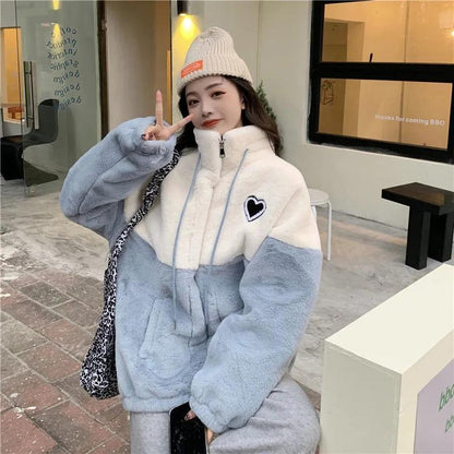 Women's Winter Lamb Wool Coat Lazy Wind Girl's Loose Cotton Coat Thick Plush Stitching Sweater Casual Warm Cotton Clothes Home Clothes Oversized Coat
