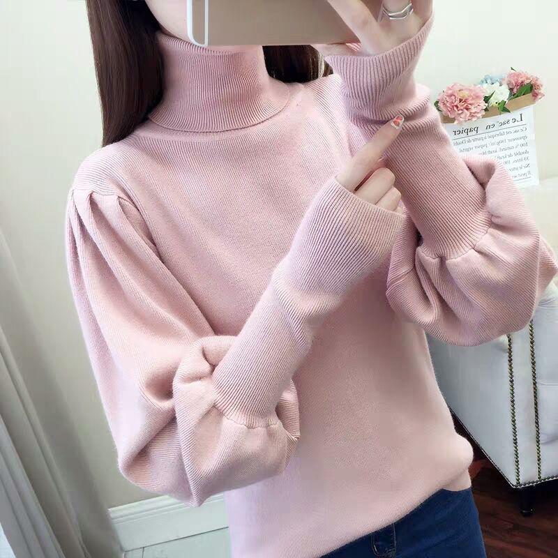 Core-spun High-neck Slim-fit Sweater Women Autumn and Winter Lantern Sleeve Knit Top Fashion Loose Bottoming Shirt Tide