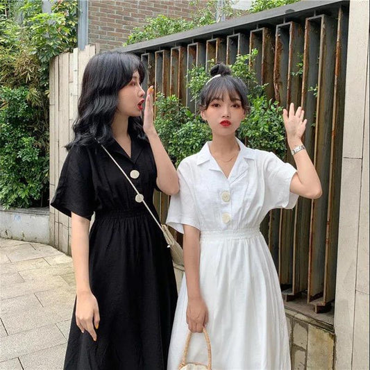 Dress Women Button Solid Color High Waist Turn-down Collar Girls Summer Holiday Short Sleeve A-line Dress