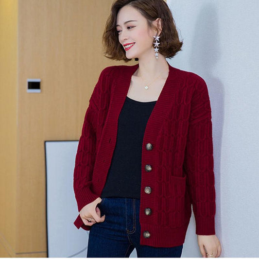 Autumn and Winter Plus Size Sweater Cardigan Solid Color Short Coat Simple Casual Middle-aged Female Jacket