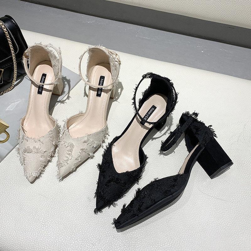 Stiletto High Heels Spring Style All-match Pointed Toe Strap French Toe Cap Spring Hollow Thick Heel Shoes