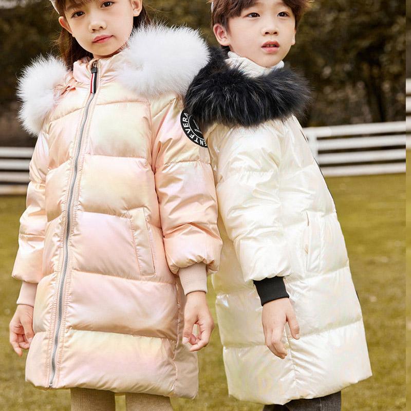 White Duck Down Children's Down Jacket Winter Mid-length Cotton Jacket for Boys and Girls Big Children's Bright Surface Thickening Coat
