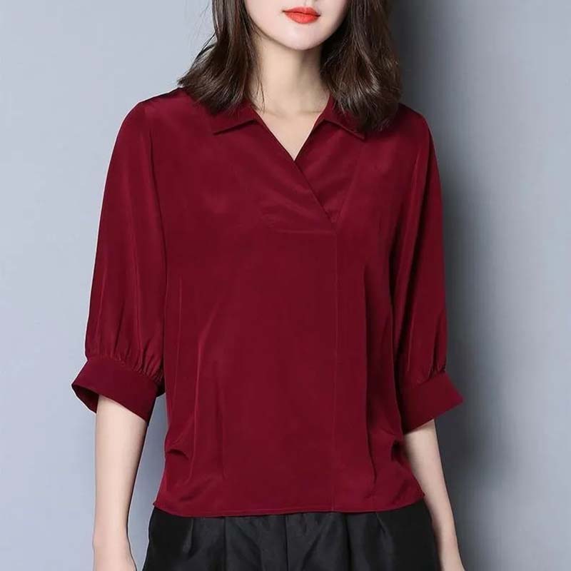 Summer Loose Large Size Simulated Silk Ladies Mid Sleeve Shirt Solid Color Bat Sleeve V-Neck Simple Blouse Casual All Match Pullover Shirts Blouses