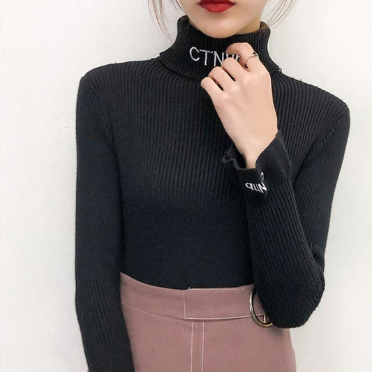 Turtleneck Women's Sweater Fashion Korean Loose Pullover Knit Bottoming Shirt Plus Velvet Pullover Beige Sweater Tops