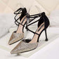 Crystal Sequins Pointed Toe High Heels Stiletto Buckle Hollow Single Shoes Cross Strap Women Sandals