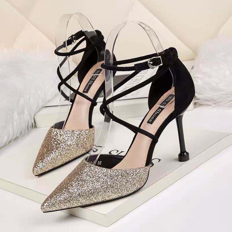 Crystal Sequins Pointed Toe High Heels Stiletto Buckle Hollow Single Shoes Cross Strap Women Sandals