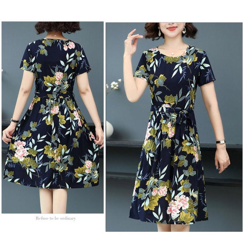 Spring Summer Women Floral Printing Dress Summer Short Sleeve Slim Shirt Big Hem Short Skirt