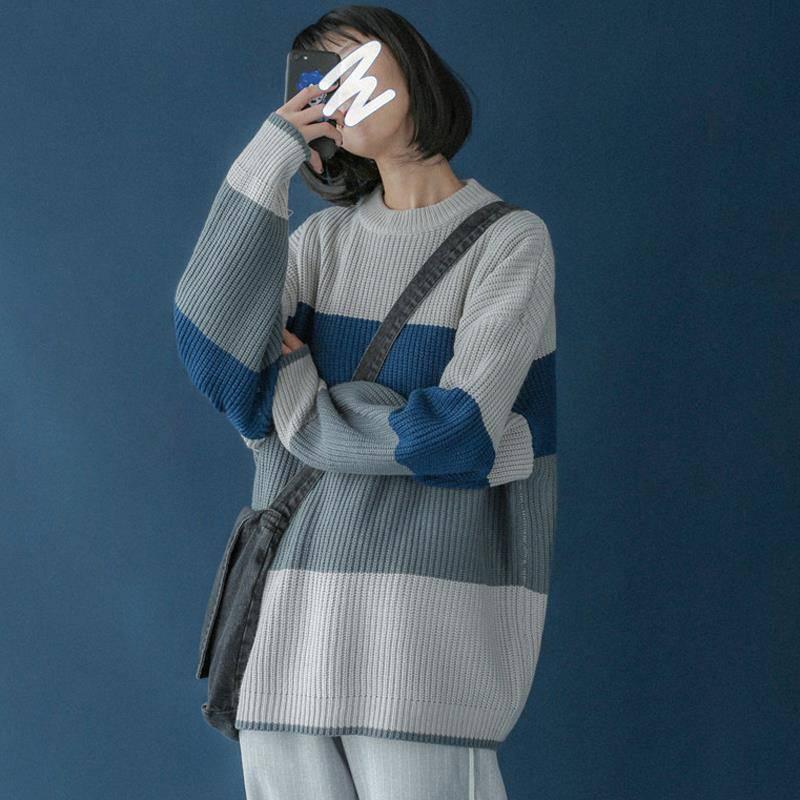 Pofulove Autumn Winter Thick Sweater Women Fashion Loose Outer Pullover Jacket Knitting Blue Yellow