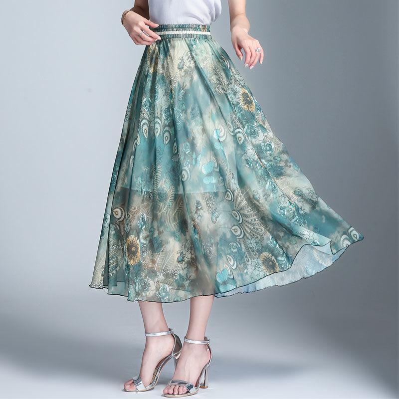 Chiffon Swing Skirt Printed Midi Skirt High Waist Skirt Fashion Versatile
