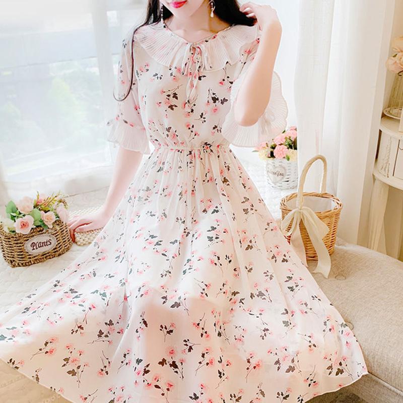 Large Size Dress Summer Mid-length Sweet and Lovely Floral Chiffon Dress Female Temperament Elegant Waist Slimming Slim Chiffon Dress