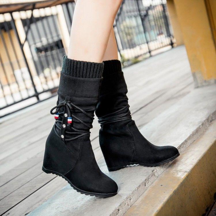 Bohemian Women's Snow Boots Increase Wedges Boots  Plus Velvet Calf-high Boots Winter Elastic High Boots