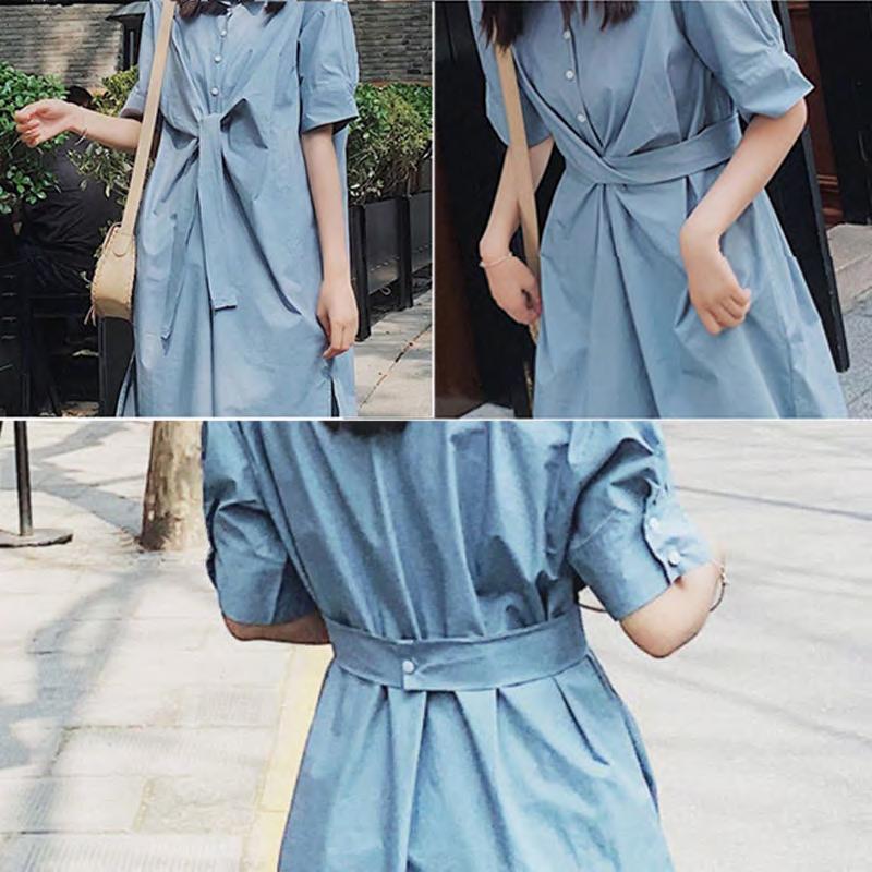 Women T-shirt Dress with Belt Loose Turn-down Collar Casual Loose Big Pocket Short Sleeve Buttons Dress Irregular Split Fork