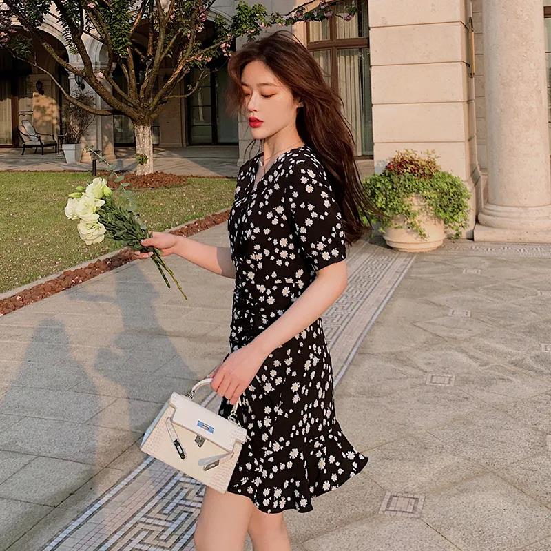 Women's Summer Dress V-neck Slim Floral A-line Skirt