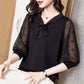 Large Size Chiffon Shirt Women's Loose Bow Tie Top Middle Sleeves Mesh Blouses Thin Belly Cover Shirt Solid Color Bottoming Shirt Casual All Match Top