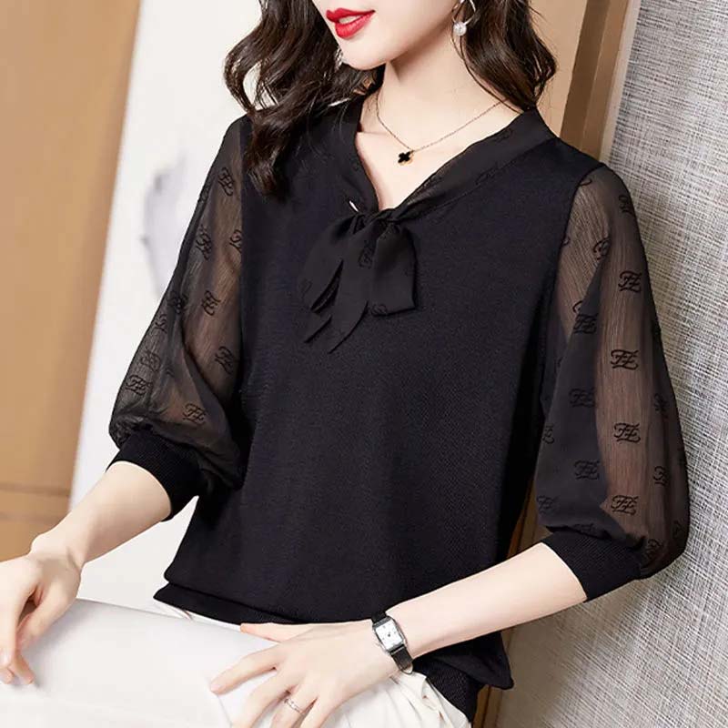 Large Size Chiffon Shirt Women's Loose Bow Tie Top Middle Sleeves Mesh Blouses Thin Belly Cover Shirt Solid Color Bottoming Shirt Casual All Match Top