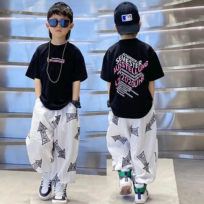 Thin Boys Summer Breathable Sweat-absorbing Short Sleeves + Loose Pants Suits Casual Street Dance Clothes Cool Children's Two-piece Set