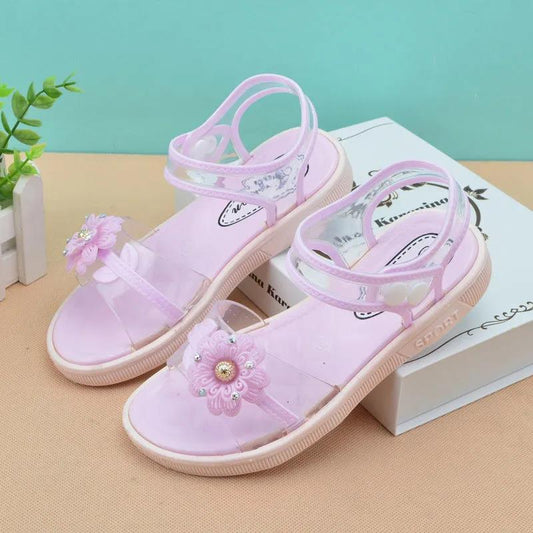 Girls Sandals Summer Flowers Children Princess Crystal Shoes Flat Non-slip Plastic Sandals for Students