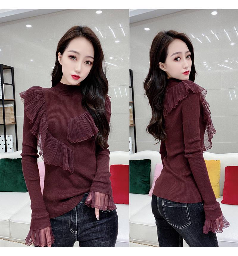 Pofulove Women Sexy Lace Ruffles Base Shirt Turtleneck Slim Knitwear Solid Color Bottoming Sweaters