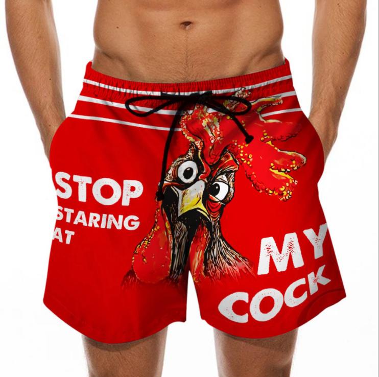Men's Beach Shorts Fun 3D Chicken Head Print Swimming Trunks Spoof Pattern Shorts