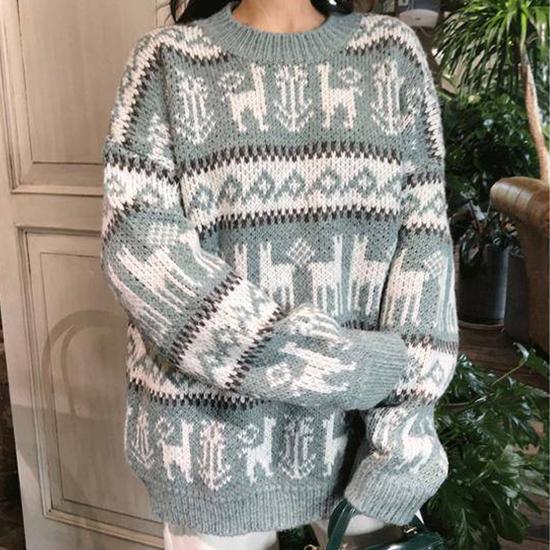 Women Christmas Theme 3 Colors Elk Print Long Section Sweater Crew Neck Loose Pullover Top