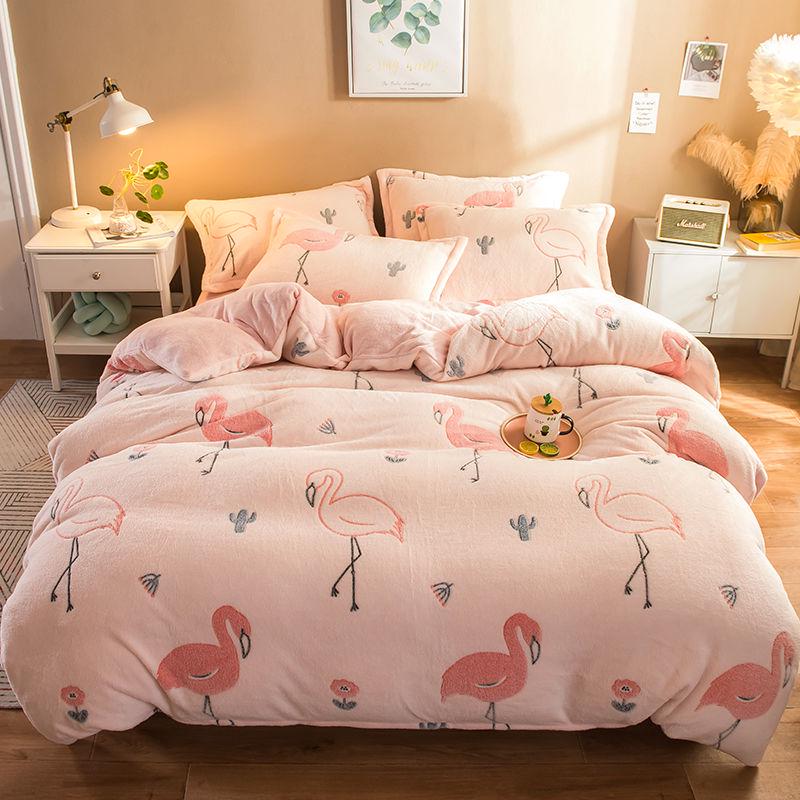 WTEMPO Coral Fleece Bedding Sets 4pcs Flower Pattern Bed Linings Duvet Cover Bed Sheet Pillowcase