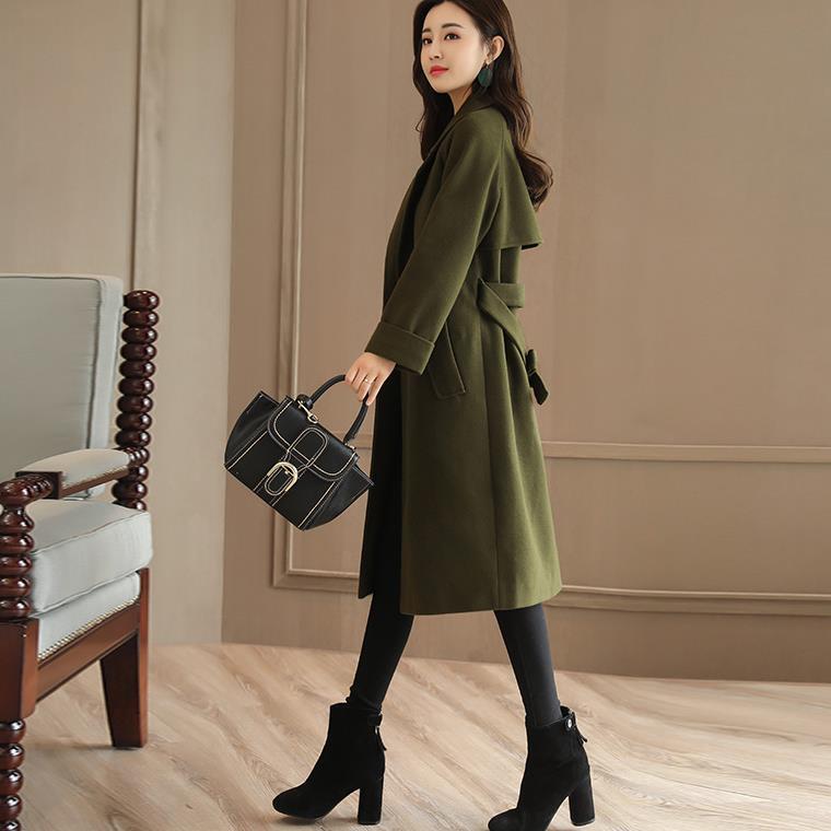 Long Women's Coat Lapel Pocket Belted Jackets Solid Color Coats Female Elegant Outerwear Ladies Coat