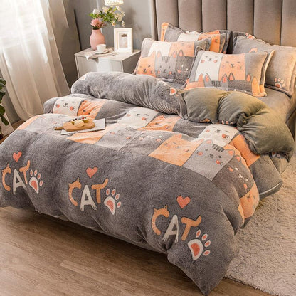 Winter Warm Coral Fleece Four-piece Double-sided Fleece Sheet Duvet Cover Flannel Bedding