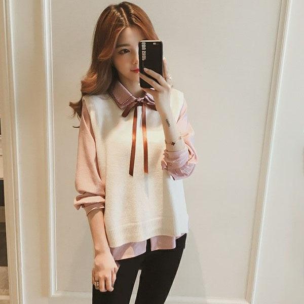 Spring and Autumn Vest Shirt Two-piece Long-sleeved Turn Down Collar Bottoming Shirt Top Shirt