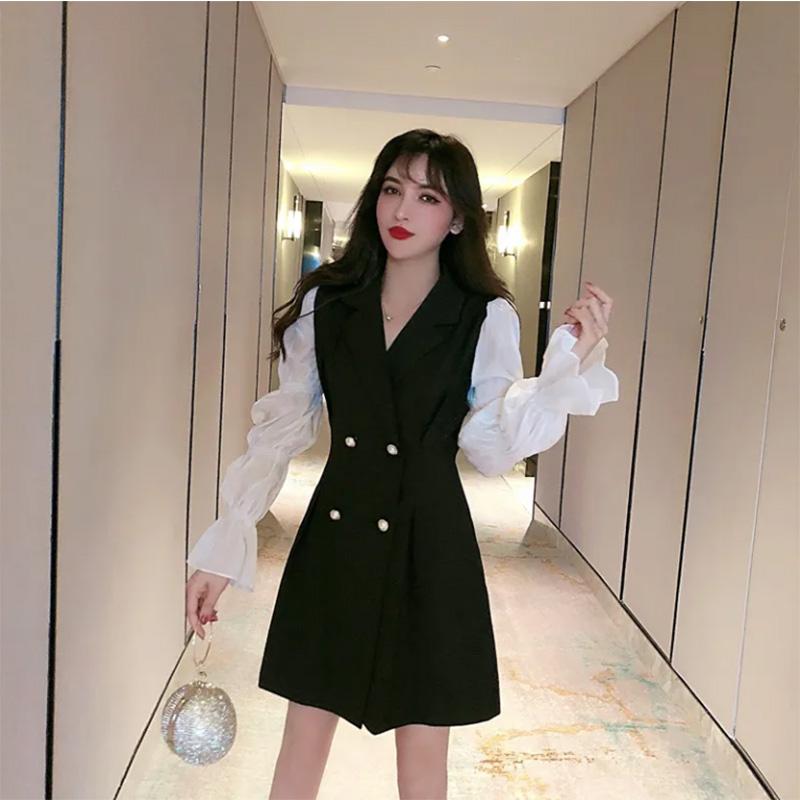 Goddess Fan Clothes Suit Skirt Double Breasted Temperament Bubble Long Sleeve Dress Women's