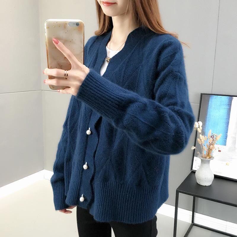 Autumn and Winter Loose Solid Color V-neck Sweater Long-sleeved Knitted Cardigan Jacket All-match Top
