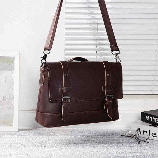 Business Briefcase Men Retro PU Leather Flip Cover Handbag Shoulder Diagonal Computer Bag