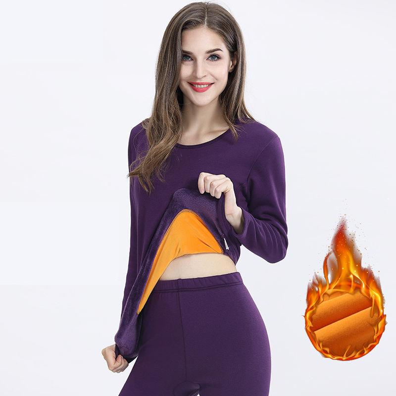Women Long Sleeve Thermal Underwear Women Winter Plus Velvet Thicken Tight Suit Sexy Pajamas Autumn Warm Windproof Soft Lining High Collar Round Neck