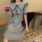 Baby Collar Bubble Sleeve Plaid Graceful Dress Summer Gentle Retro Elegant Slim Dress