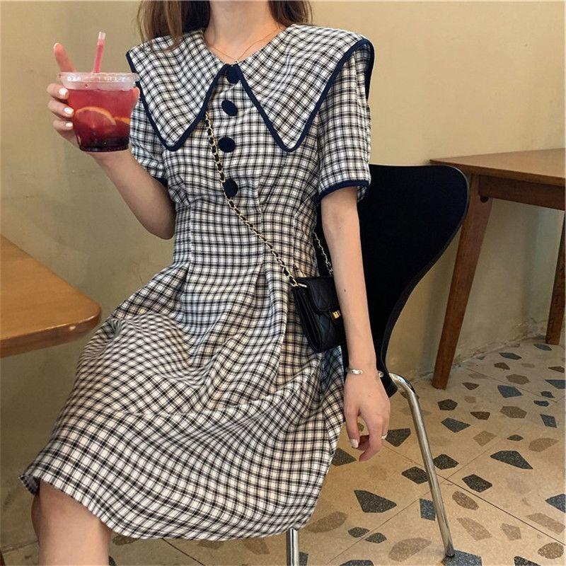 Baby Collar Bubble Sleeve Plaid Graceful Dress Summer Gentle Retro Elegant Slim Dress